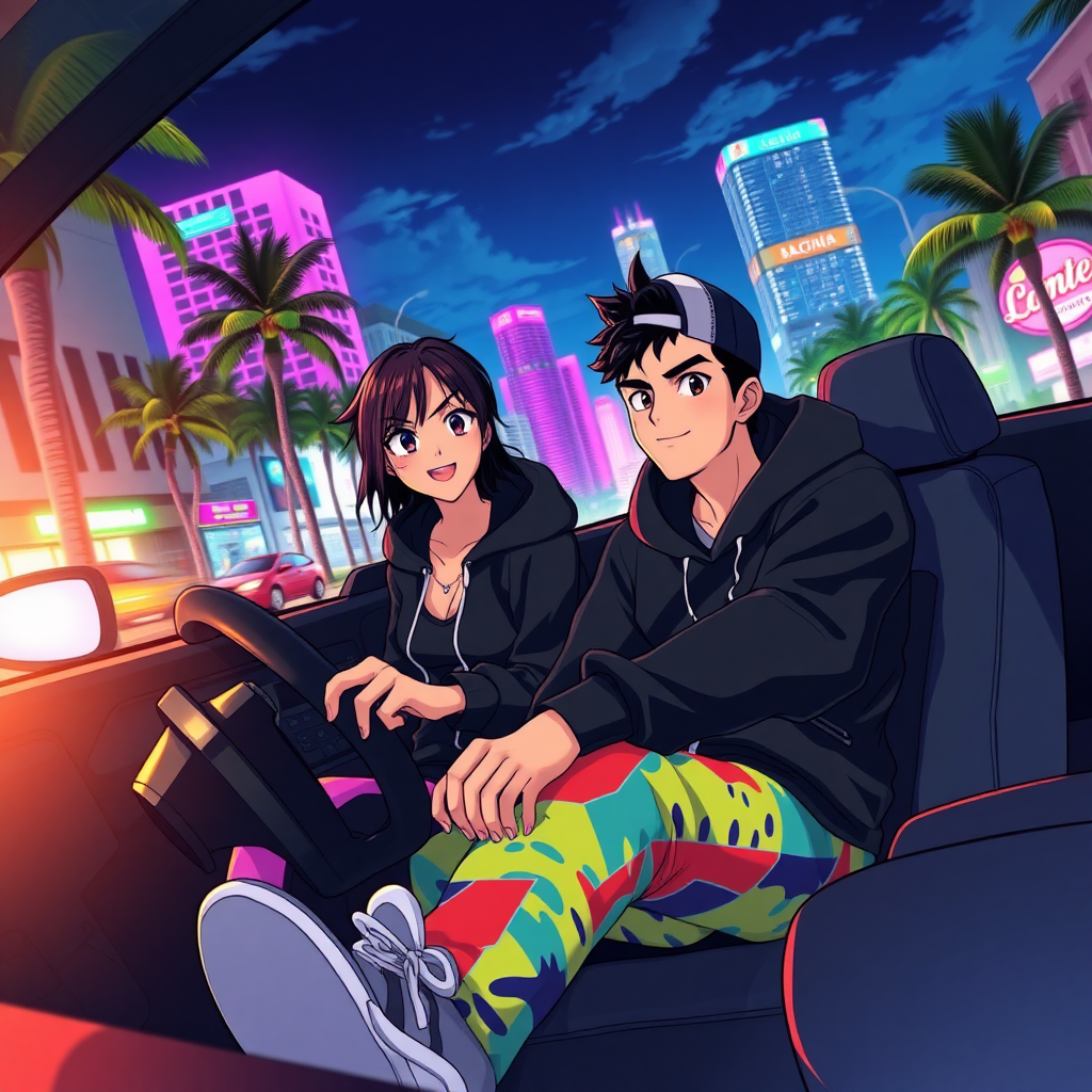 An anime scene depicts a 19-year-old Latina named Lucia, a tough, street-smart woman cruising through the vibrant streets of Miami in her car. She wears a black hoodie and tight, colorful pants, giving her a bold, rebellious look. Beside her sits a Latino guy with a sideways cap, his laid-back attitude matching the urban energy of the city around them. The neon-lit skyline and palm trees flash by as they drive through the night.