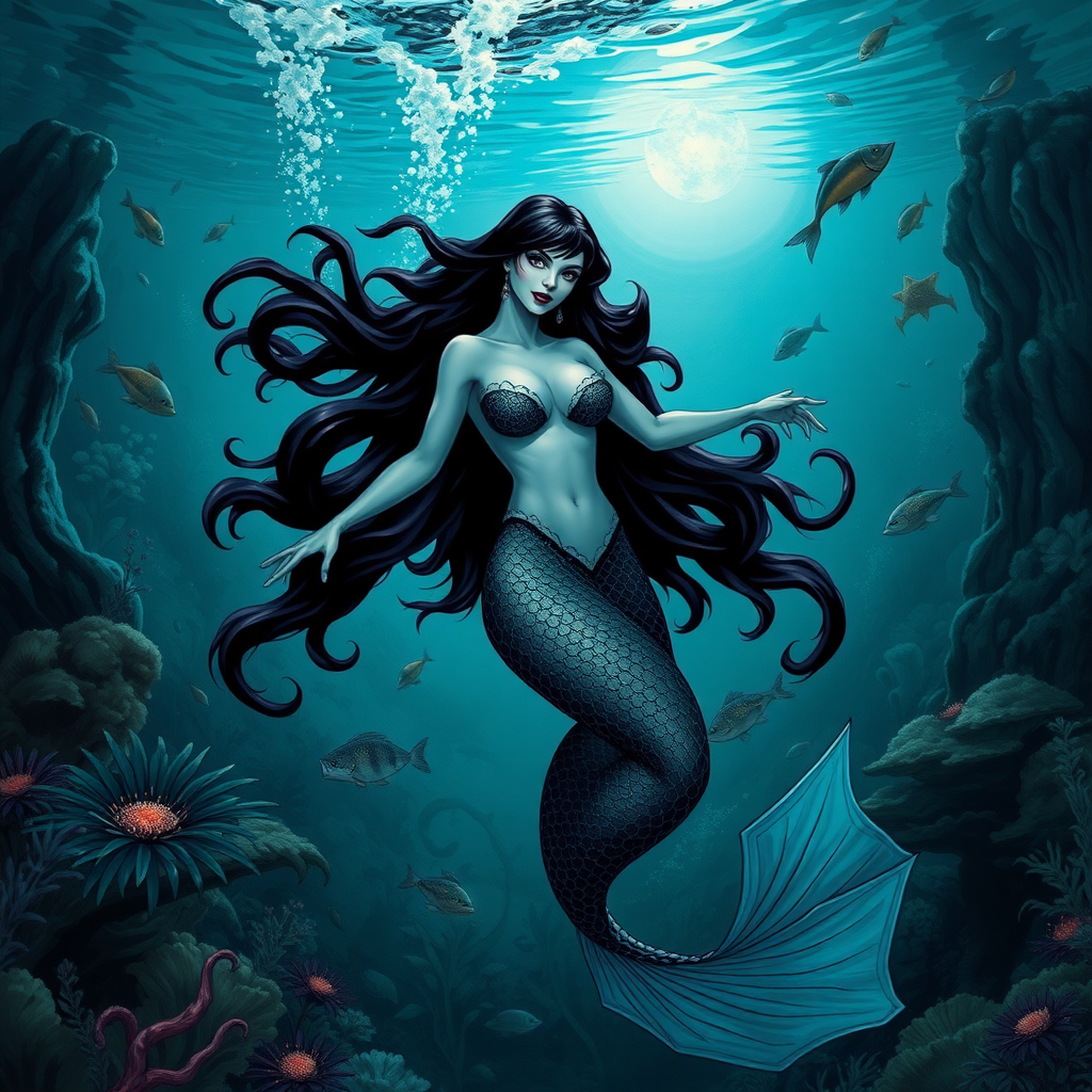 Vampirella floating underwater as a very sexy mermaid. The sea is deep and mysterious and filled with a myriad of ocean life plants, fish, and other aquatic life.