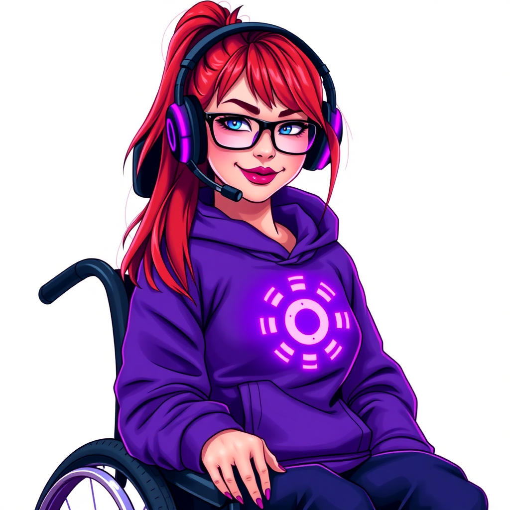 A nerdy, 29-year-old tech genius in a wheelchair, with a long neon red ponytail. She wears maximum purple lipstick, bright blue eyes, and a maximum purple hoodie featuring a neon purple glowing cog chest icon. She sports a charoite headset, black eyeglasses, and a lovestruck smile with neon red blush. She serves as her corrupt Cyberpunk CEO boyfriend's tech expert from his corporate safehouse, diligently working at her lab table and computer desk. The background is solid white. She is drawn as if she was in a retro 2D cyberpunk fighting game.