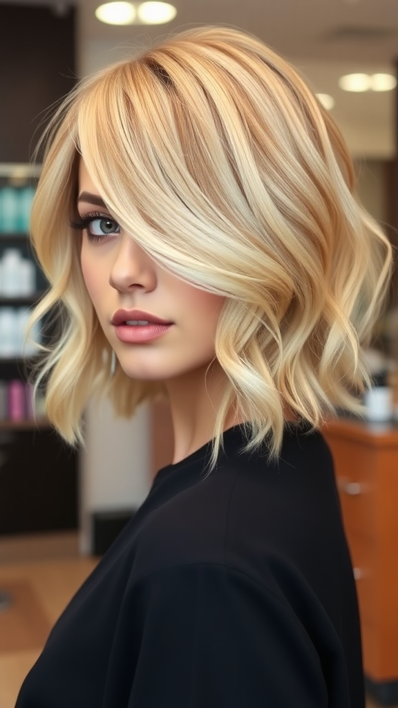 Beautiful model with an asymmetrical wavy bob hairstyle in blonde, in high definition, in the background, hair salon.