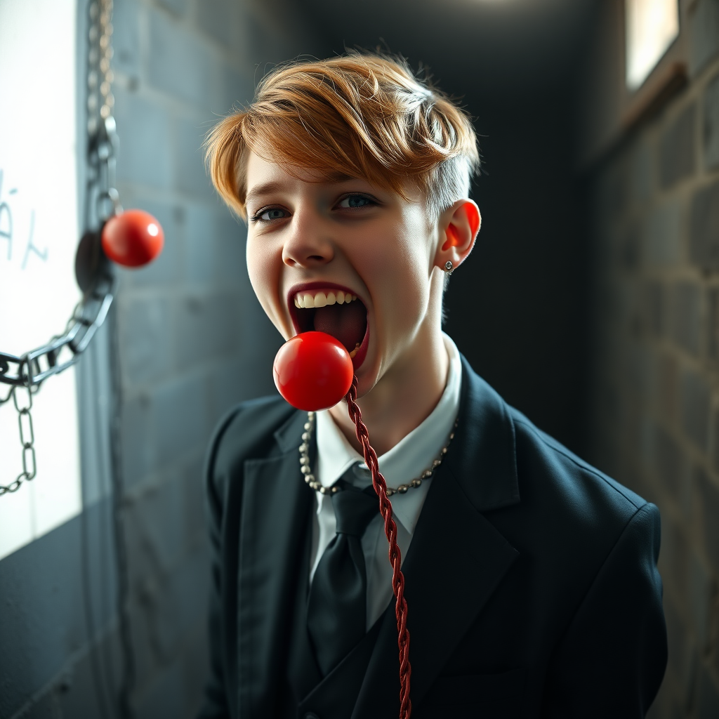 photorealistic, ultra high resolution, 16K, surreal fantasy, soft studio lighting, Tyler Swift is a pretty 18 year old goth male, slim male physique, auburn hair, goth makeup, earrings, shiny black pantyhose, school uniform shirt tie and blazer, Mary-Jane shoes, spikey neck collar chain and leash, red ball-gag, in a dungeon, the end of the leash is chained to the wall, in daylight, excited open mouth smile, drooling a stream of saliva, facing the camera.