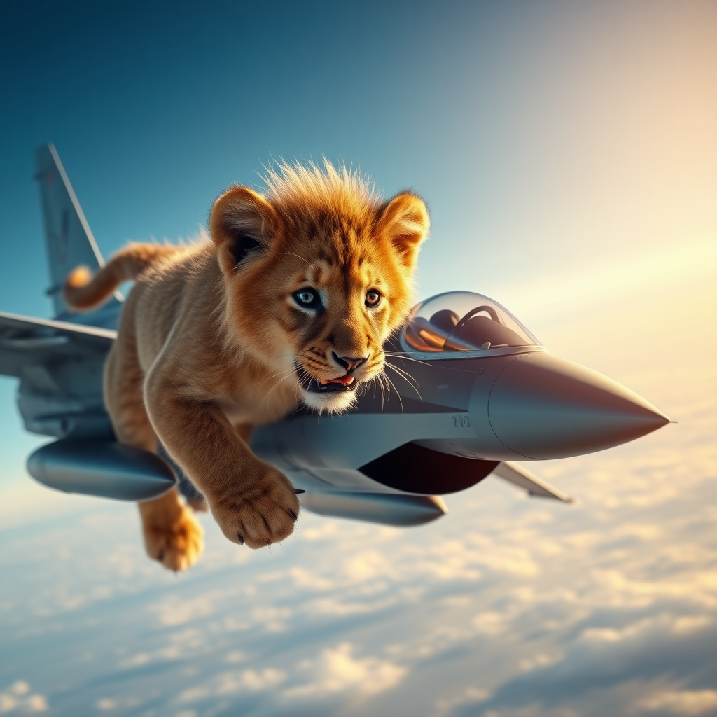 Lion cub flying a Russian fighter jet