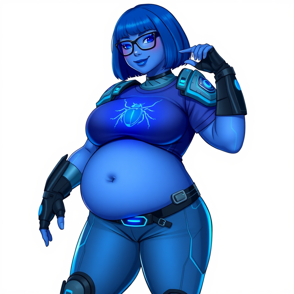 A 28-year-old, full-figured, metallic maximum blue (5PB 5/10) skinned computer program hybrid with a maximum blue bob cut. She has a non-athletic build, highlighted by a prominent, round, large midsection (with a full emphasis on her large belly), which shows the effects of her love of junk food acquired from her boyfriend. As the full-figured, nerdy, digital sidekick to her cyberpunk vigilante boyfriend, her metallic maximum blue skin and maximum blue lipstick (5PB 5/12) emphasize her digital nature. Her skin has a subtle, animated glow, with digital patterns occasionally flickering across it, making her digital nature obvious. She wears a digital, computerized costume, consisting of a huge, tight-fitting, maximum blue t-shirt (5PB 5/12) with a neon blue glowing chest icon of a beetle, hi-tech shoulder pads with neon blue accents, a black hi-tech belt with a digital neon blue glowing buckle, digital maximum blue pants (5PB 5/12) with neon blue accents, and black hi-tech fingerless biker gloves with neon blue glowing accents. Her neon blue glowing eyes, black eyeglasses with neon blue glowing lenses equipped with a built-in HUD, and bashful smile with neon red blush accentuate her nerdiness. She stands bashfully with one hand behind her back and the other hand gently touching her cheek, her costume covering all her skin and fully emphasizing her full-figured physique (especially her belly). She is clearly non-athletic, with a focus on her full-figured physique. Despite her build, she radiates beauty. She has a slim face compared to her physique, accentuating her radiant beauty. She is on a solid white background. She is drawn as if she were in a retro 2D cyberpunk fighting game. Ensure her skin has a maximum blue (5PB 5/10) skin tone.