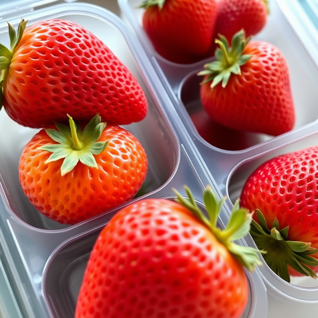 orange and auburn color strawberries in a plastic container