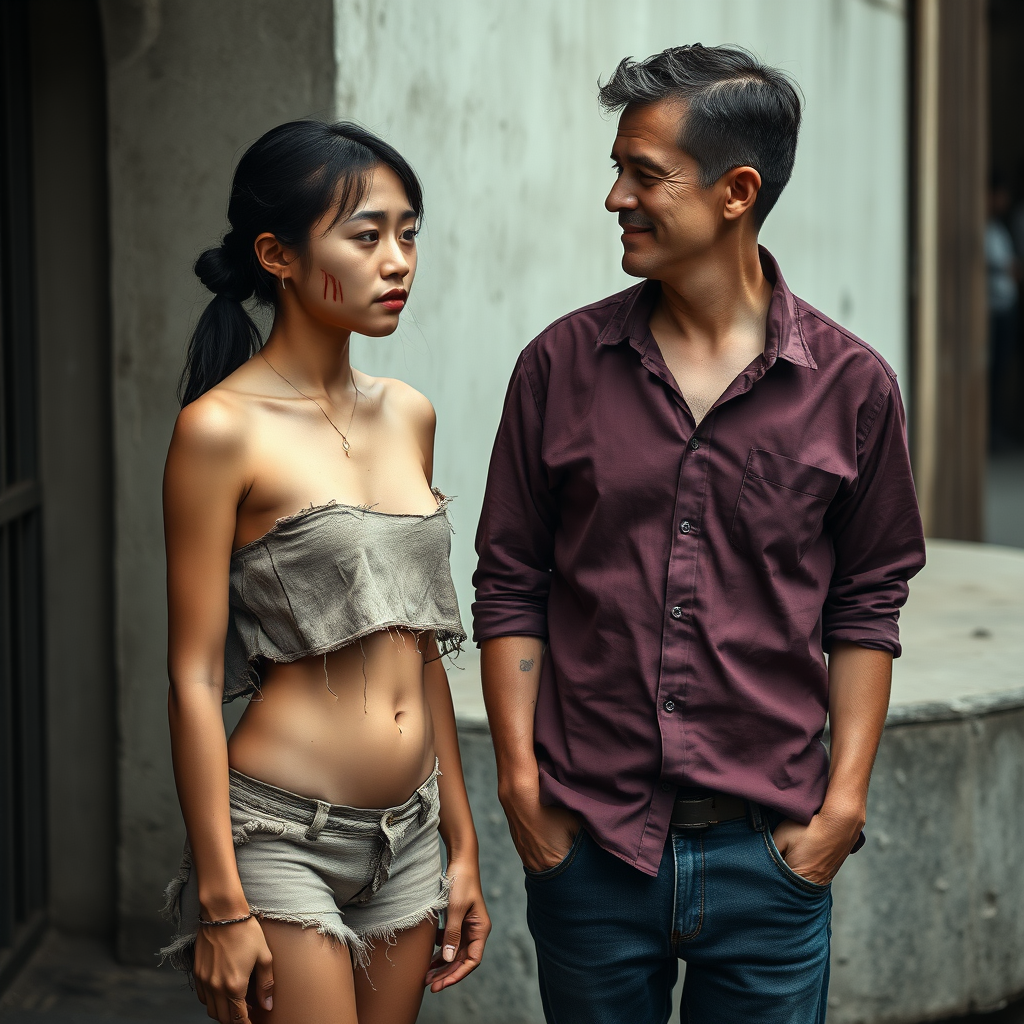 A young, unkempt, neglected, homeless, unhygienic Asian woman who seems not to belong to this world is portrayed as a complete person. She is largely erotic but has an indescribably sad and immensely mystical expression on her face. The Asian woman is wearing a torn, old, completely transparent, extremely short, and crop top and a completely ripped, tattered, old pair of shorts. A strong sense of shame is evident on her face. She is exceedingly ashamed. Her small and inconspicuous navel is always visible. The Asian woman has a very beautiful, normal, youthful, and yet feminine physique. She has a noticeable wound on her face and looks as if she is about to cry. She appears miserable, sad, and completely hopeless! It seems as though she is afraid of something! Facing her is a 60-year-old German man. The German man, still appearing youthful and well-groomed, looks at the Asian woman as if he is offering her his help. The German man is shaved and slim, has a normal fashionable haircut, and his hair is dark brown. He is wearing a new, nice, but simple burgundy shirt with a subtle pattern and new dark blue jeans. The German man looks sympathetic, smiles slightly, and looks at the Asian woman kindly, as if he feels great pity for her. The Asian woman cannot look the German man in the eyes due to her shame, but it is clear that she likes him.