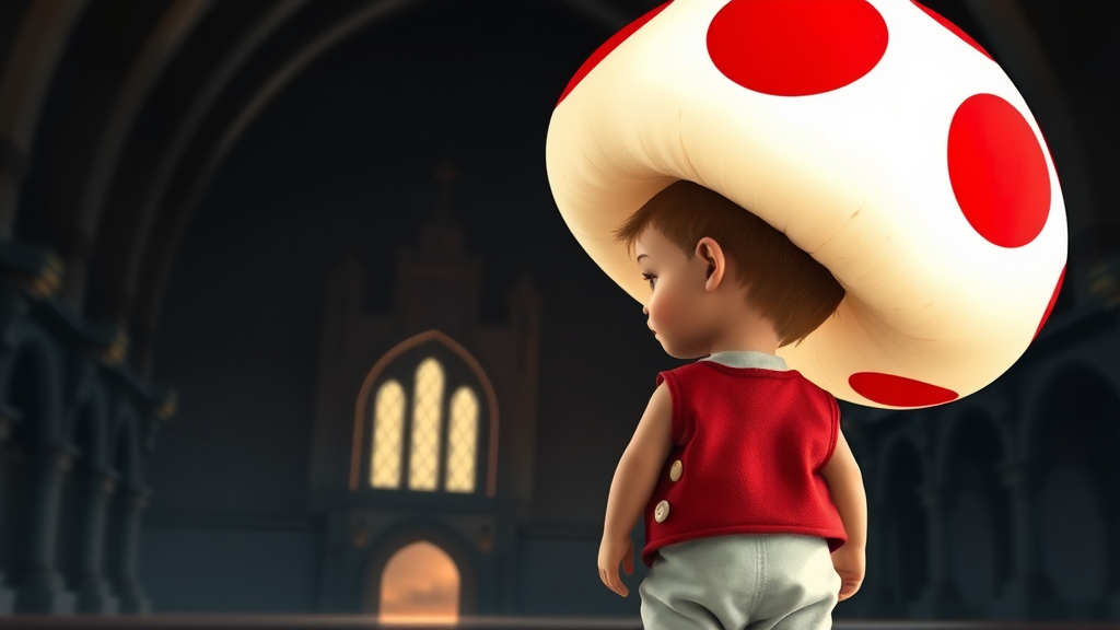 Interior. Dimly lit castle. A little person with white pants, red vest, and large mushroom-shaped hat that is white with large red spots.