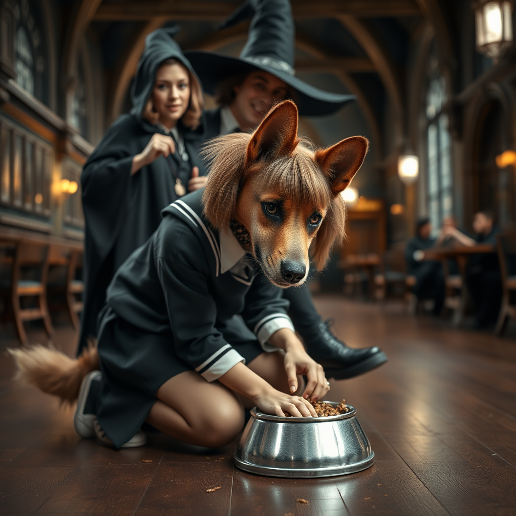 photorealistic, ultra high resolution, 16K, surreal fantasy, studio lighting, a wicked witch at Hogwarts School has cast a spell on Tyler Swift, who is a pretty 18 year old dog-boy, slim male physique with dog ears and bushy tail, shoulder length brown hair, goth makeup, earrings, spikey dog collar, dressed as a Hogwarts Slytherin girl - glossy grey pantyhose, school uniform, Mary-Jane shoes, kneeling on all fours the floor face down eating food from a dog bowl on the student dining hall at Hogwarts School, excited smile. the witch is standing behind Tyler and is resting her foot on his bottom. full body view, facing the camera.