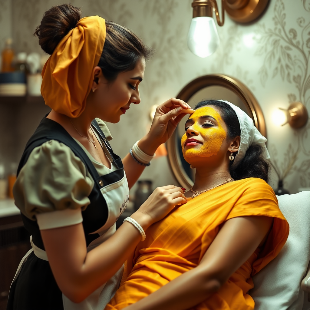 female french maid working in beauty parlour, giving turmeric facial to indian wife