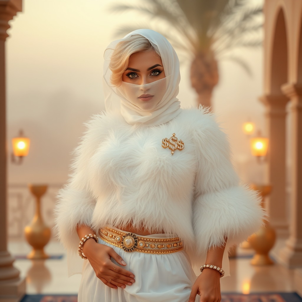 Kuwait desert palace harem patio misty dawn: Melissa, European 17 years old very convincing femboy “trophy-bimbo”, tamed servile docile, very beautiful feminine flawless face, rather short, by hormones very curvaceous womanly figured, platinum blond short tight curls, heavily made-up eyes, wearing Supertanya-style fluffy very fuzzy bright white angora turtleneck-poncho cropped ending under bust decorated with pearls and gemstones, striking oriental wide gold bridal protection belt, white fully transparent harem pants, full Oriental bridal jewelry, face covered by white sheer full Burka, coin anklets, striking diamond “$$$” letter brooch on left chest, pout frustrated, seductively dancing for the sheik, looking at camera. Focus on face and turtleneck-poncho.