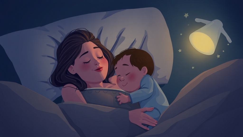 A mother trying to sleep a little baby in night animation