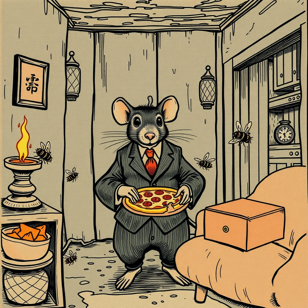 A well dressed handsome rat delivering pizza to angry bees in a decayed apartment, Chinese woodcut