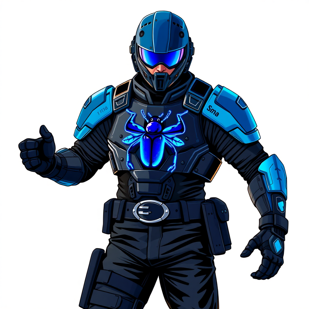 A 28-year-old cyberpunk vigilante stands heroically, clad in hi-tech, maximum blue tactical armor featuring a neon blue beetle on the chest. He wears black biker pants, a black belt with a sapphire beetle buckle, and a helmet resembling a sleek, tactical design, but colored maximum blue with neon blue lenses. Their hands are protected by black hi-tech gloves, all set against a solid white background. He is drawn as if he was in a retro 2D cyberpunk fighting game.