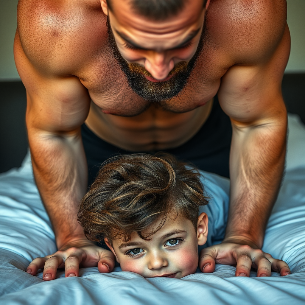 A beautiful teen boy, slightly curly very long hairs, bent over bed, face down. With a giant strong muscular slightly bearded adult man directly on the boy. Frontal view