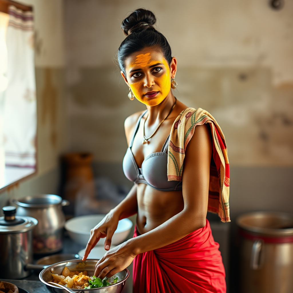 A skinny, 30 year old, traditional Indian wife with hair bun, wearing a bra, skirt and a short towel on her shoulder. She is preparing food in the kitchen. Her face is covered with turmeric face mask.