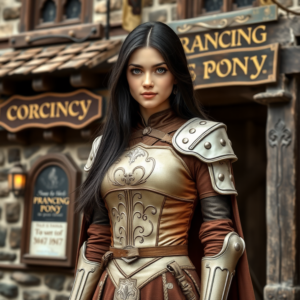 beautiful young woman, dark hair past her shoulders, blue eyes, small, slim figure, wearing light full leather armor suit, long cloak, standing next to medieval tavern with sign: "Prancing Pony".