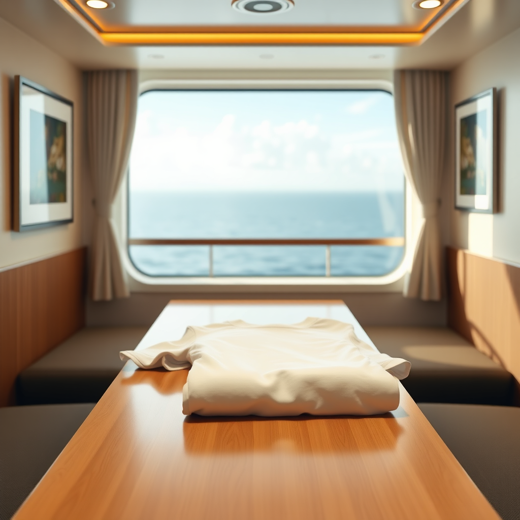 create a photo realistic image of a folded T-shirt on the table in a cruise ship cabin. Make the image rectangle and not square