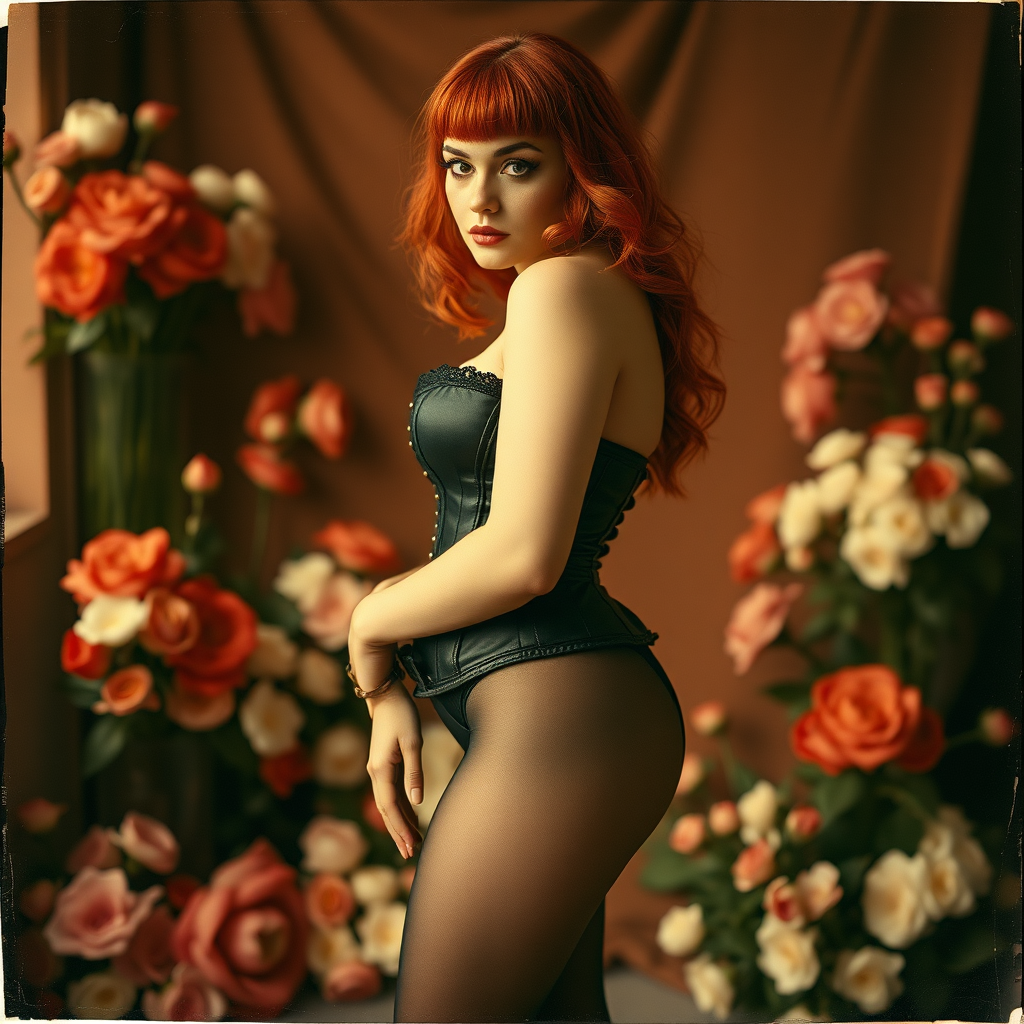 old polaroid photo depicting a sexy curvy alt goth girl with red hair wearing an underbust corset and black stockings with thong panties standing in a photography studio filled with flowers