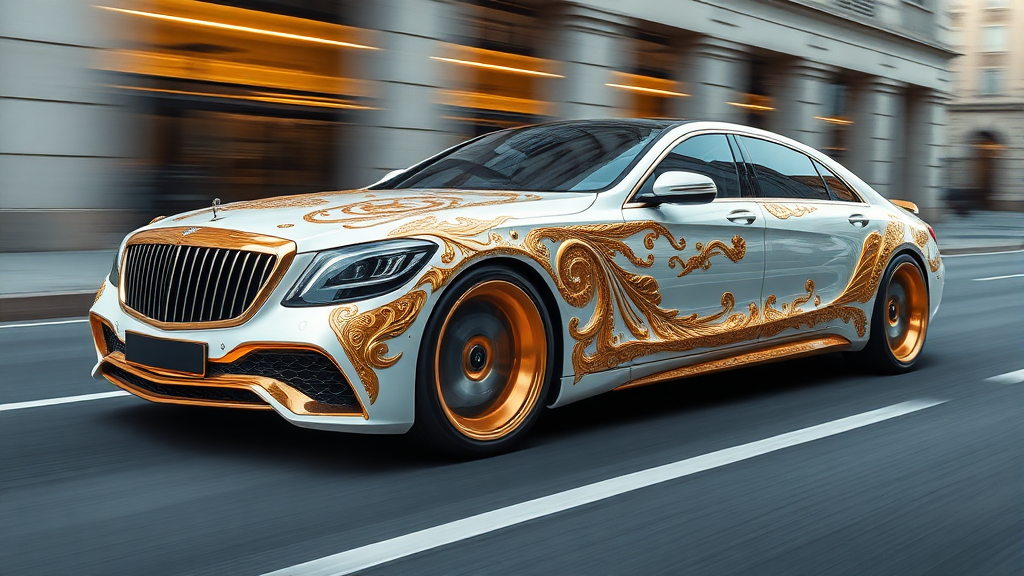 futuristic maybach sedan , A luxurious, white and gold-plated car adorned with intricate, ornate designs and carvings.  road motion blur