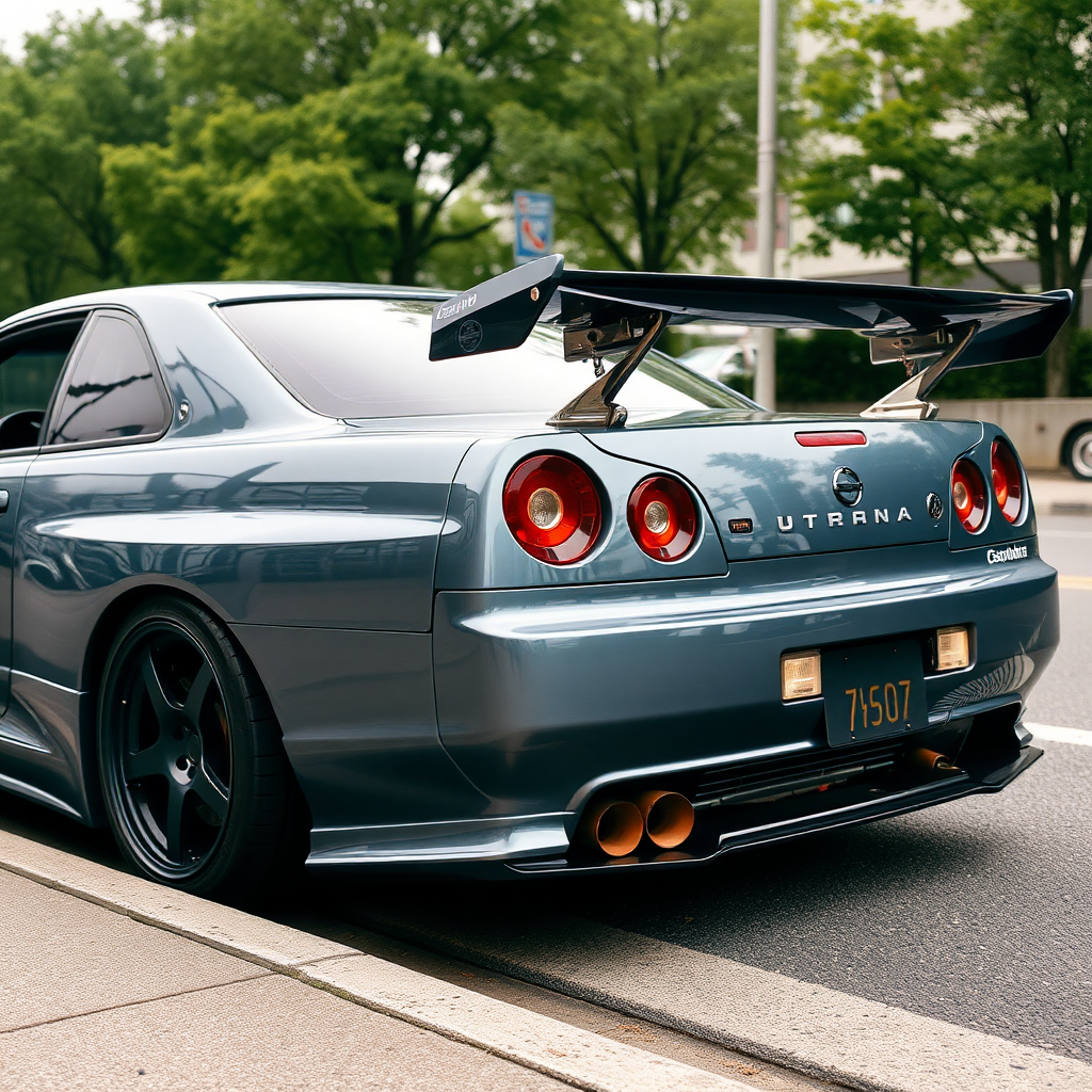 The car is parked on the side of the road, inspired by Taiyō Matsumoto, tumblr, restomod, nd4, c4 metallic shine gray black nissan skyline r34 kalabalik tokyo gece arkaplan