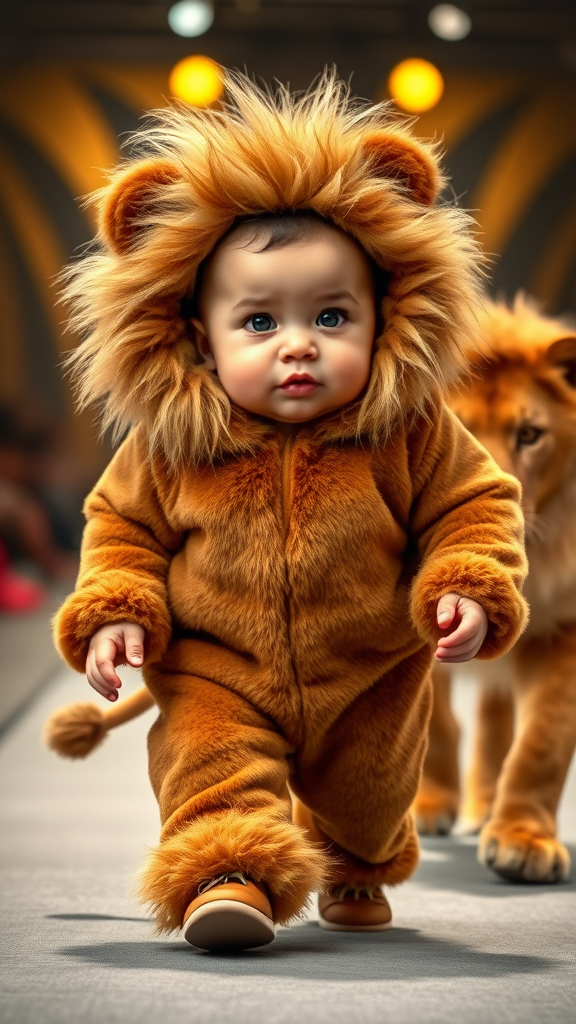 A cute small chubby fair baby with big eyes, pink lips, and pink cheeks wearing a furry cozy lion costume doing a ramp walk in a fashion show, walking with a real lion and holding a lion with one hand, cinematic.