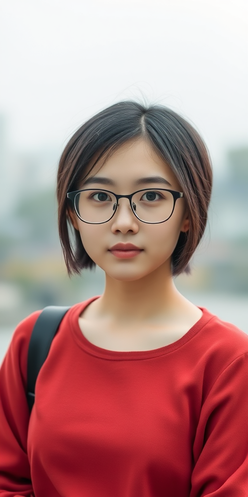 A beautiful Chinese girl, with short hair, wearing glasses, slightly chubby, with a full figure and small breasts.