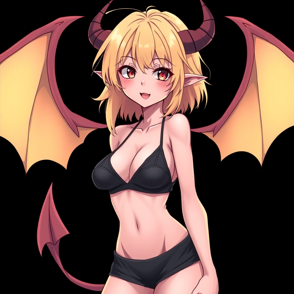 Anime, Black background, A mischievous tall-slender demon girl, short blond hair, wearing sexy micro bikini top-like clothing, full body