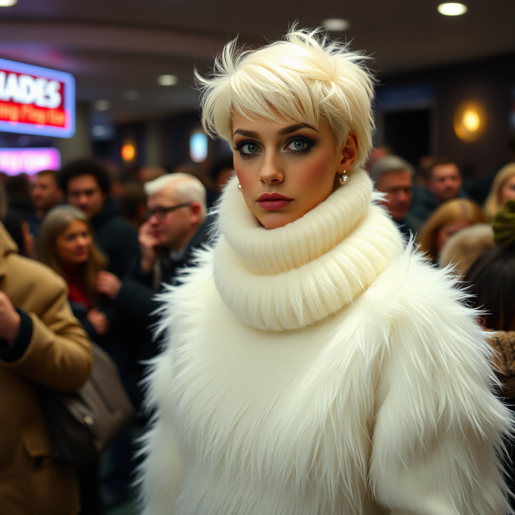 1990 winter evening, crowded cinema lobby: Sam, 19 years old beautiful involuntary femboy, rebellious intractable character, petite boyish figure, platinum blond boyish rebel punk hairstyle, flawless heavily made-up face with sharp arched tattooed eyebrows, wearing Supertanya-style fluffy very fuzzy bright white angora thigh-length turtleneck-poncho fully covering body and arms, silver-glitter leggings, black leather high-heeled pumps, silver earrings, puzzled alarmed, pout serious, impatiently waiting for her master. Full view, focus on Sam’s face and turtleneck-poncho.