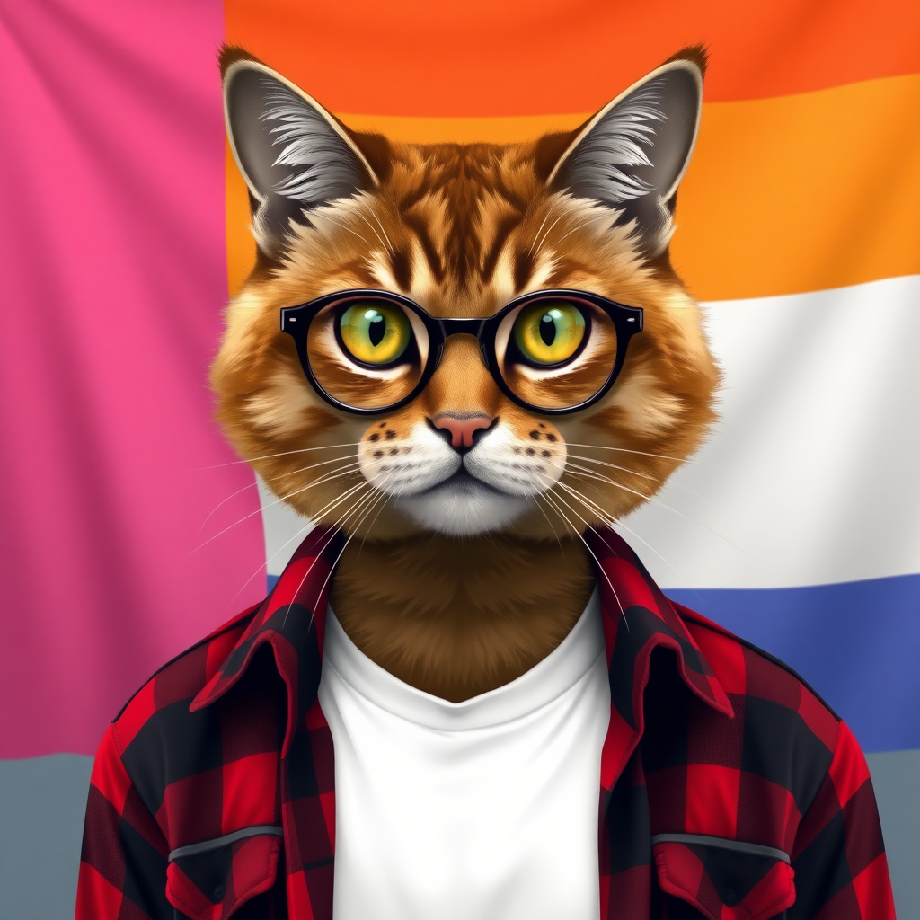 female cat-man color brown with, behind, a flag with horizontal colors pink/light pink/white/light orange/orange, colors in order, wearing semi-round glasses, an open red and black checkered shirt with a white t-shirt underneath, in digital art