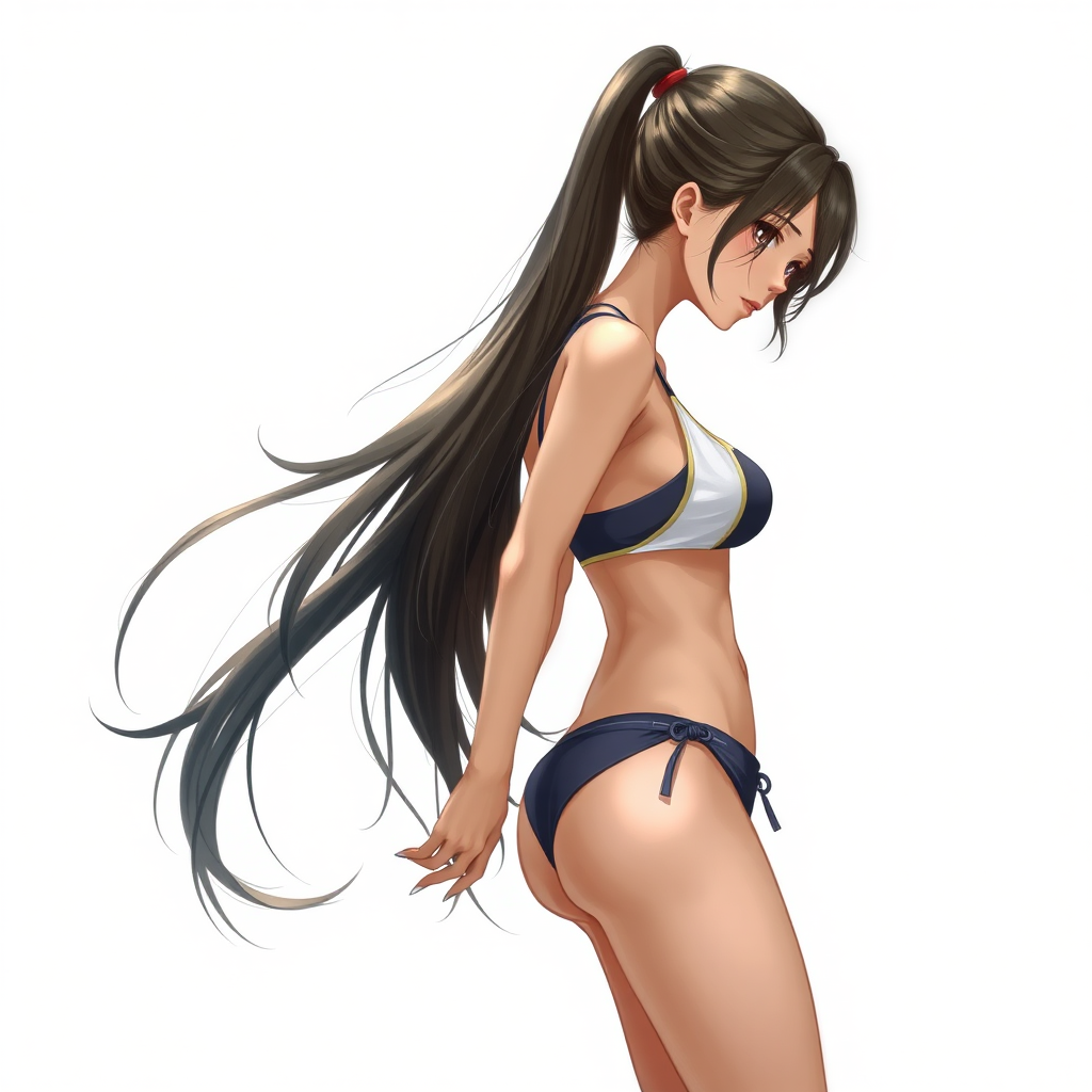 girl, wearing bikini, ponytail, long hair, standing, realistic, asian, enough details,