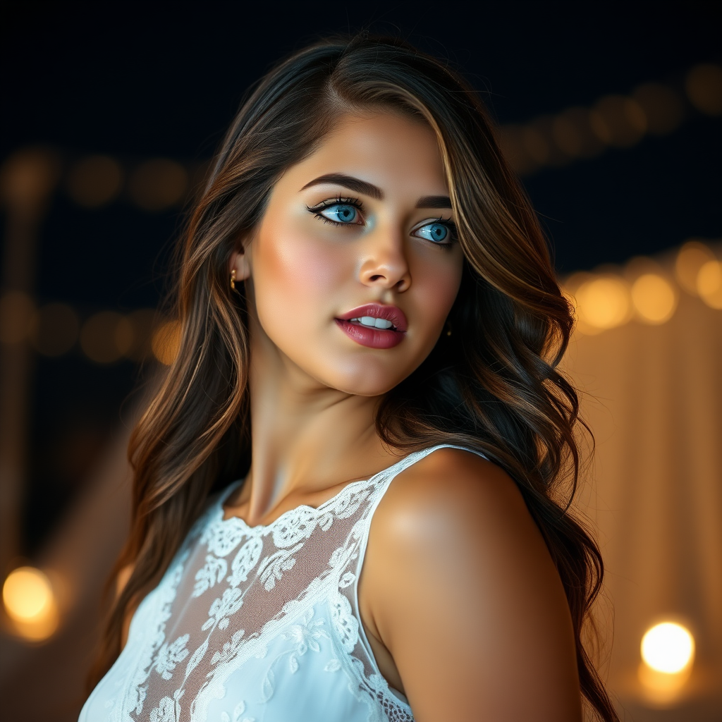 a young woman singing. she is looking like lucy thomas. long brunette hair with highlights, bright blue eyes. suntanned skin. small lips colored pale rose. looking to the side. wearing an elegant long white dress with transparent lace. view from far. night sky in background. photo