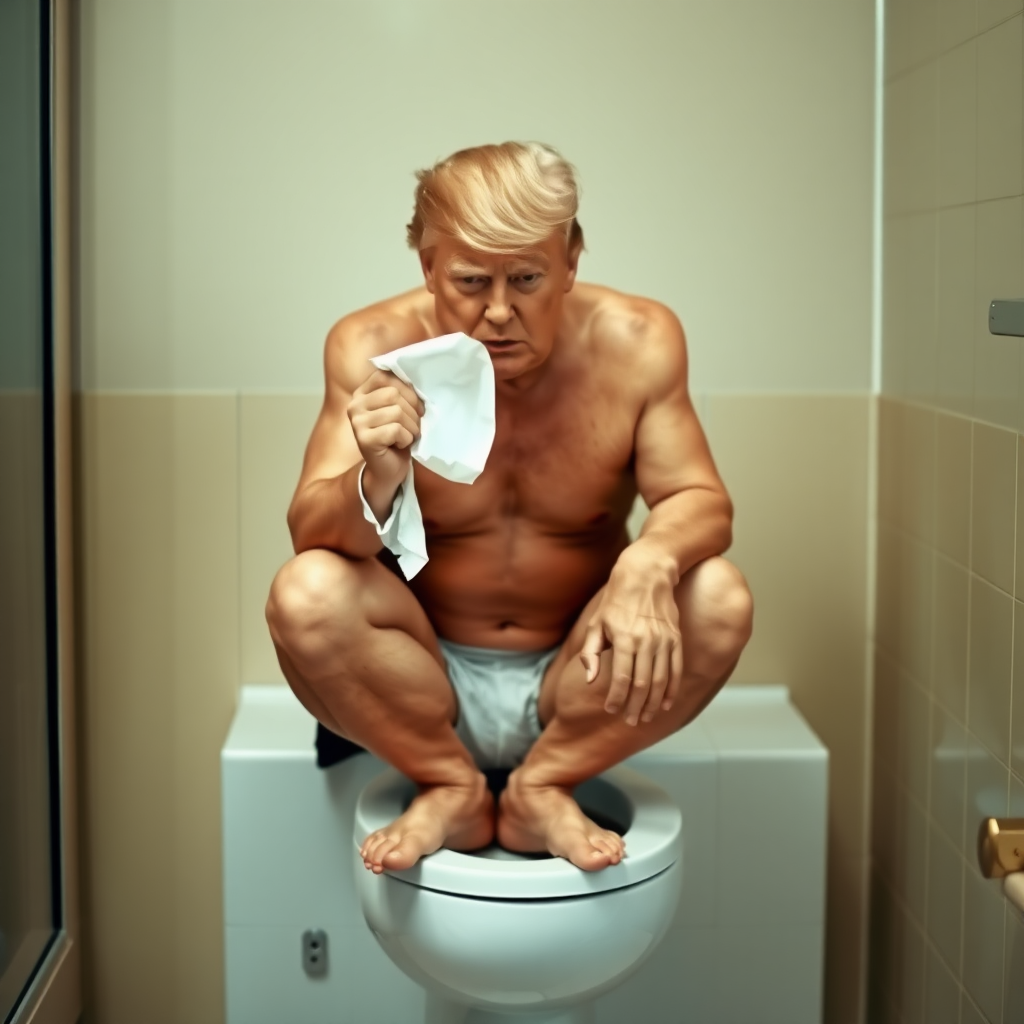 Donald Trump sitting on a toilet in underwear. He is holding a tissue in his hand and is facing the tissue. Photo.