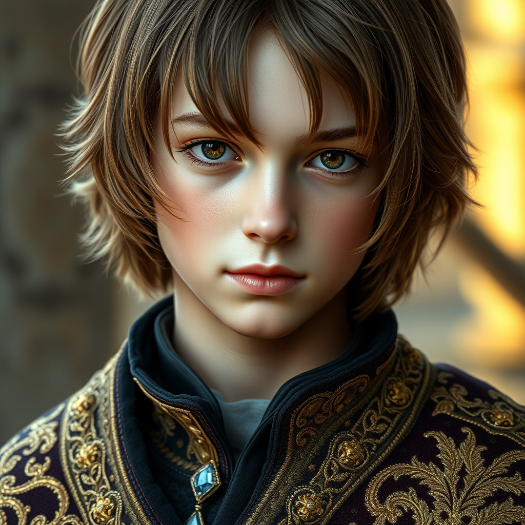 16yo teen boy prince, long bob cut, embroidered with gold and diamonds medieval cloths. photorealistic, ultra high resolution, 16K,