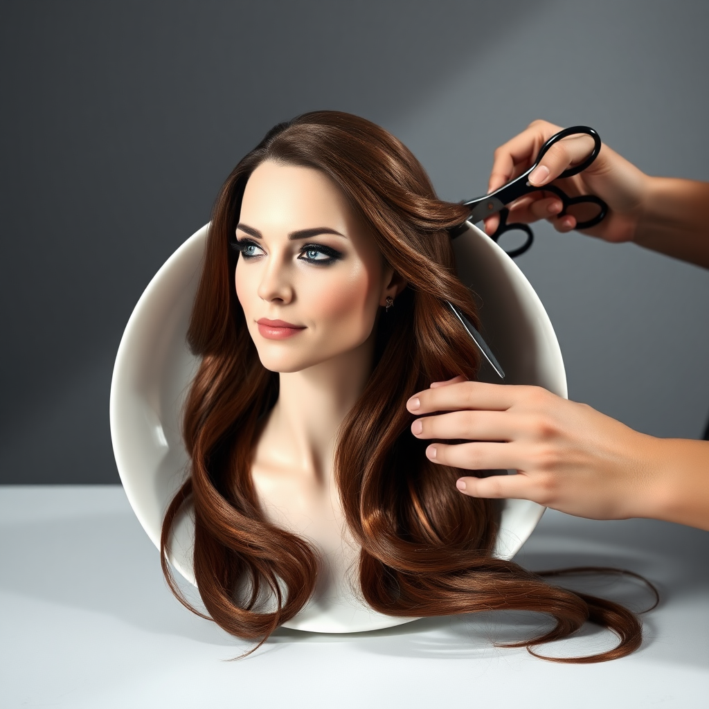 In a strikingly surreal scene, a beautifully crafted porcelain plate holds the disembodied head of a graceful Kate Middleton, her long, flowing hair cascading around like a luxurious waterfall of silky strands, shimmering in various shades of deep chestnut. Each hair seems to catch the light, creating an almost ethereal glow. Nearby, a meticulous hairdresser, dressed in a sleek black apron, carefully snips away at Kate's locks with precision scissors, their actions fluid and deliberate, emphasizing the delicate artistry of the moment.

The setting boasts minimalist decor, with a plain gray background that heightens the focus on this bizarre tableau. Soft shadows play across the smooth surface of the plate, enhancing the haunting beauty of Kate's serene expression, which conveys both elegance and an uncanny sense of stillness. The atmosphere is a blend of surreal calm and unsettling intrigue, pulling the viewer into a dreamlike space where reality and imagination intertwine. Gentle noises of scissors softly clipping away hair are the only sounds in this peculiar yet captivating scenario, heightening the tension and drawing viewers into this striking juxtaposition of beauty and the bizarre.