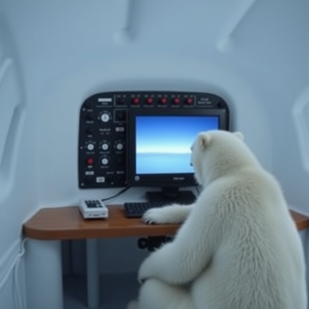 A polar bear is sitting at a computer in an igloo. The wall behind the screen is covered with dials, knobs and other controllers.