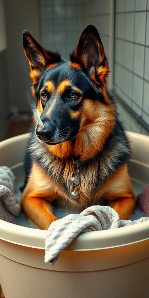 A realistic image of a German Shepherd washing clothes in a plastic tub while smoking a cigarette.