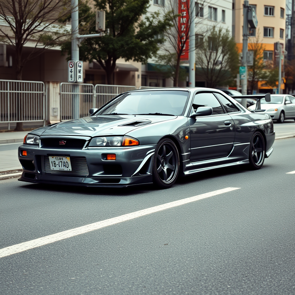 The car is parked on the side of the road, inspired by Taiyō Matsumoto, tumblr, restomod, nd4, c4 metallic shine gray black nissan skyline r34 tokyo gece cosplay kadınlar arkaplan hatasız tam ayrıntılı genel gerçek detaylar