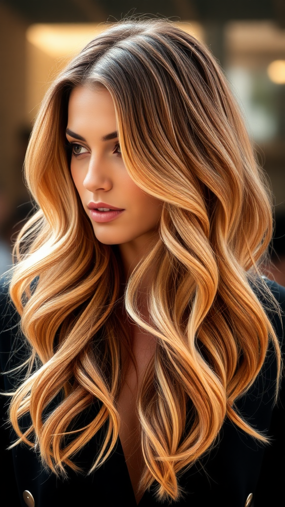 Alessandra Ambrosio with wavy hair in blonde color with orange highlights, in high definition.