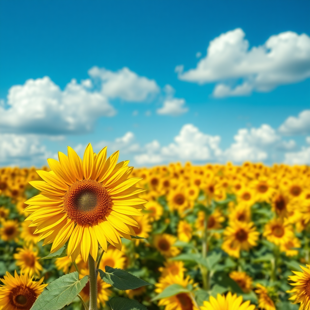 A vibrant field of sunflowers under a bright blue sky with fluffy white clouds. The scene is infused with a sense of warmth and cheer, showcasing a hyperrealistic aesthetic. In the foreground, a large sunflower stands tall, displaying its bold, sunny yellow petals radiating outward, while the intricate details of its brown seed center are highlighted. The background is filled with countless sunflowers, creating a sense of depth and continuity, their bright yellow colors contrasting against the deep green foliage and stems. Soft light enhances the saturation of the colors, and a gentle breeze sways the flowers slightly, adding a dynamic element to the serene landscape.