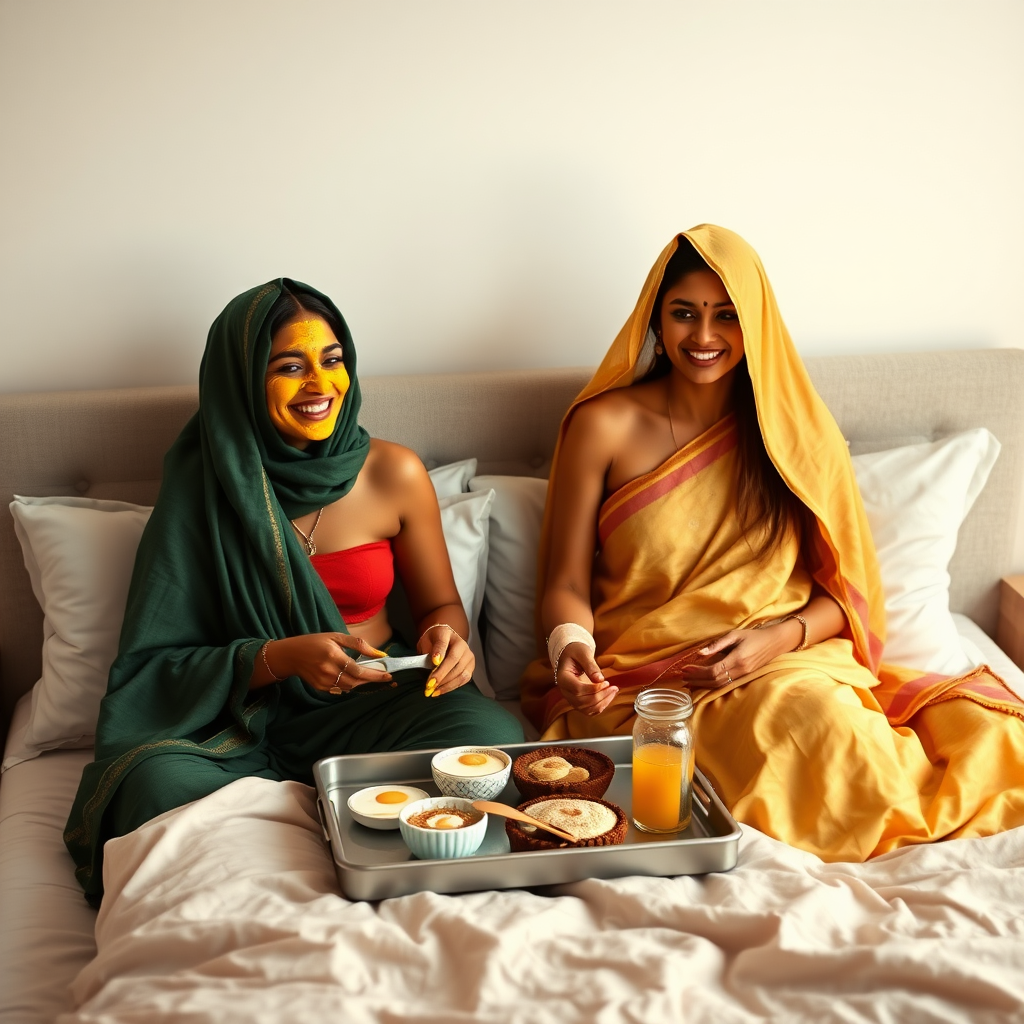 slim, 30 year old, sexy, 2 indian wives, scarf head, turmeric face mask. They are smiling and serving breakfast on a tray on bedside table