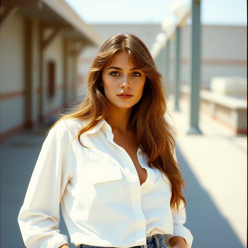 1980s woman in a white shirt and denim jeans photoshoot