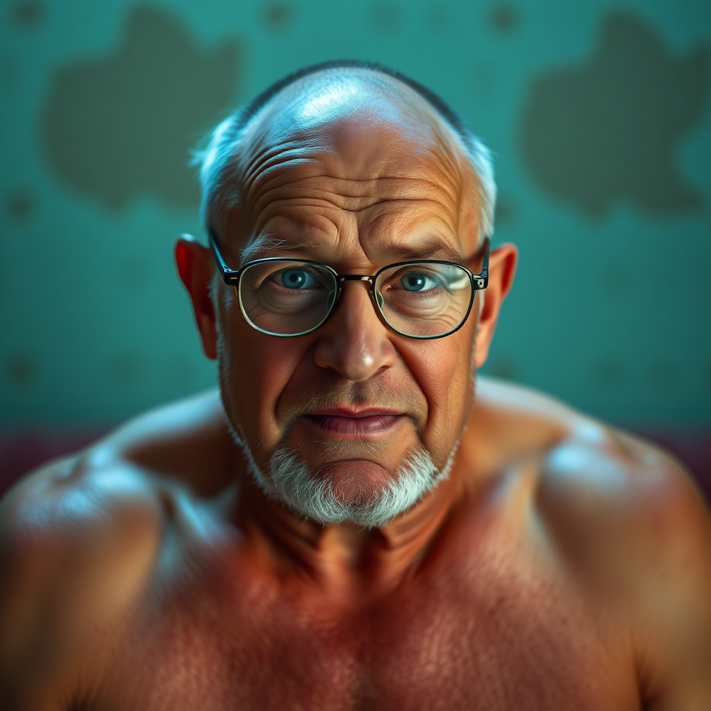 Peter, 50 year old horny man, naked, lustful gaze, balding, glasses