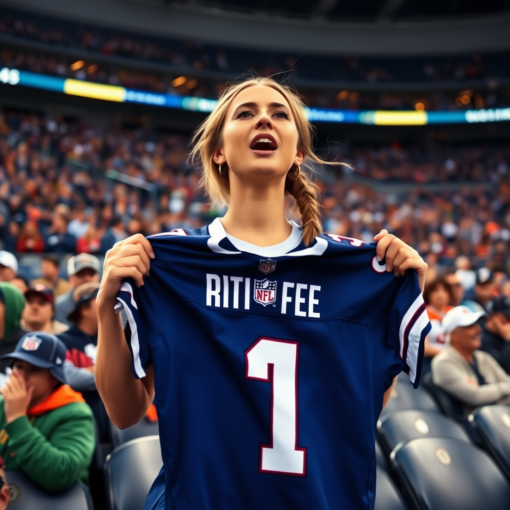 Attractive female NFL fan, pigtail hair, chanting, inside crowded bleacher row, holding up spare jersey, in NFL stadium