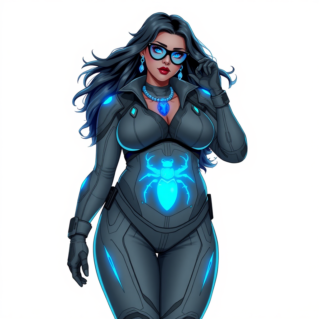 A 29-year-old computer science major, she is the devoted girlfriend of a vigilante and serves as his dotingly pampered, full-figured, nerdy digital sidekick. She is now a Computer Program hybrid, with a unique, metallic Middle Gray (N5) skin color that blends with her suit and hair, resembling computer data. Her long hair, suit, and skin are all Middle Gray (N5). Her neon blue eyes are mesmerizing. Her full figure, especially her prominently gargantuan round midsection, shows just how heavily fed and pampered she is, with sequoia-sized limbs and broad shoulders.

As a loyal and supportive sidekick, she plays a crucial role in their missions, using her digital prowess to assist and protect. She wears a blue sapphire scarab necklace and blue sapphire earrings, which she received as symbols of their love before his 5-year disappearance. Her digital and computerized biker suit, also Middle Gray (N5), covers her entire body and is adorned with a neon blue beetle emblem on its chest. The suit is equipped with high-tech features, including holographic displays and integrated hacking tools. She has matching high-tech gloves. She emits neon blue data cubes from her body, set against a solid white background.

Heavily, attentively, and immensely pampered through being well-fed since their reunion, her full figure clearly shows the extent of care she has received. Despite her digital enhancements, she retains her human vulnerabilities, including hunger and sleep, and is not immune to human weaknesses. She has the ability to hack into computers and machines, and her nerdiness is blatantly obvious with her black oversized eyeglasses. Her full figure, especially her gargantuan midsection, is prominently displayed and heavily emphasized. Her outfit, influenced by DC’s Jennifer Knight Phantom Lady, remains distinct.

Despite her boyfriend’s limited resources, she assists in the war on crime by serving as a minicomputer, traveling in a high-tech wristwatch and supercar’s computer system. Using her hacking abilities, she relays crucial knowledge related to missions. She is drawn as if she was in a retro 2D cyberpunk fighting game.