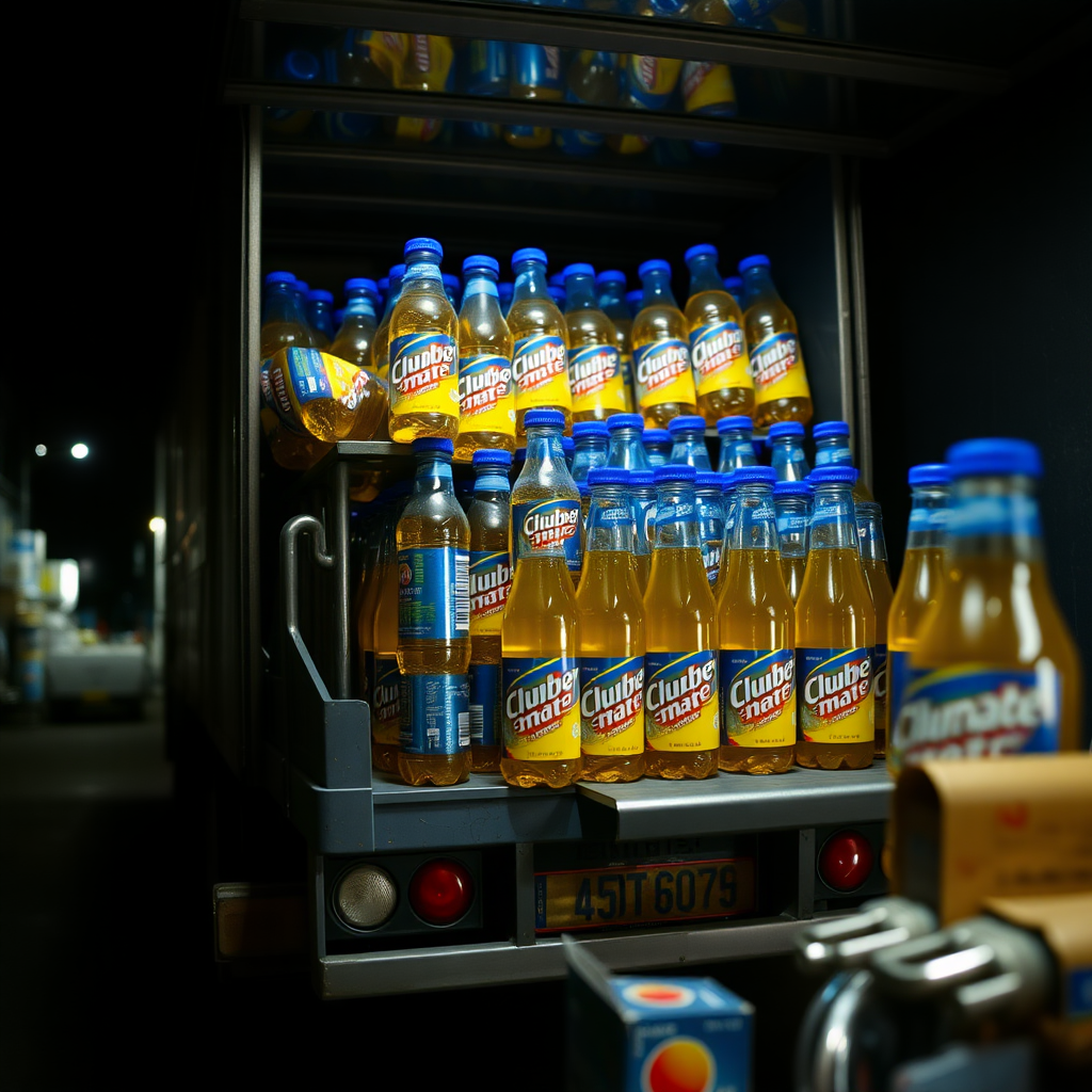 Truck load full of "club-mate" energy drink bottles