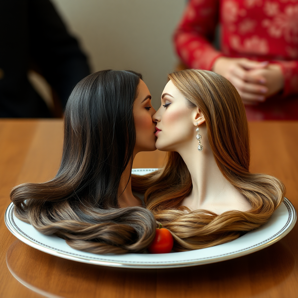 Surreal image of the disembodied heads of very long haired Meghan Markle and very long haired Kate Middleton served on a platter. They are kissing each other.