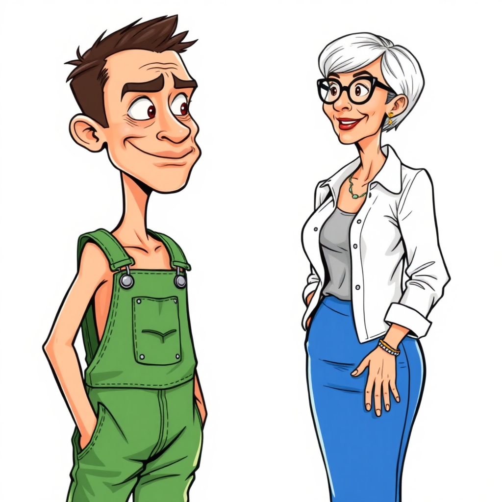 20 year old european skinny boy wearing green work overalls is blushing excited while looking at and listening to a 55 Years old, European, Latina, sharp aquiline nose, wrinkles, high cheekbones, Middle Eastern, Skinny, Tanned skin, Dark light skin, Rounded Medium breasts, Skinny thighs, full Makeup, jewelry, Serious face, Sharp nose, shocked, smiling, open mouth, horny, Ash hair, short bowl haircut, Brown eye color, Glasses, with detailed features.  She is watching the boy, she is wearing an open white shirt, a blue pencil skirt, detailed fabric.  full body, 
long establishing shot, 2D, caricature, cartoon, Sketch lines, coloring book, nlack and white, coloring book style on white background, well composed, clean coloring book page, No dither, no gradient, strong outline, No fill, No solids, vector illustration