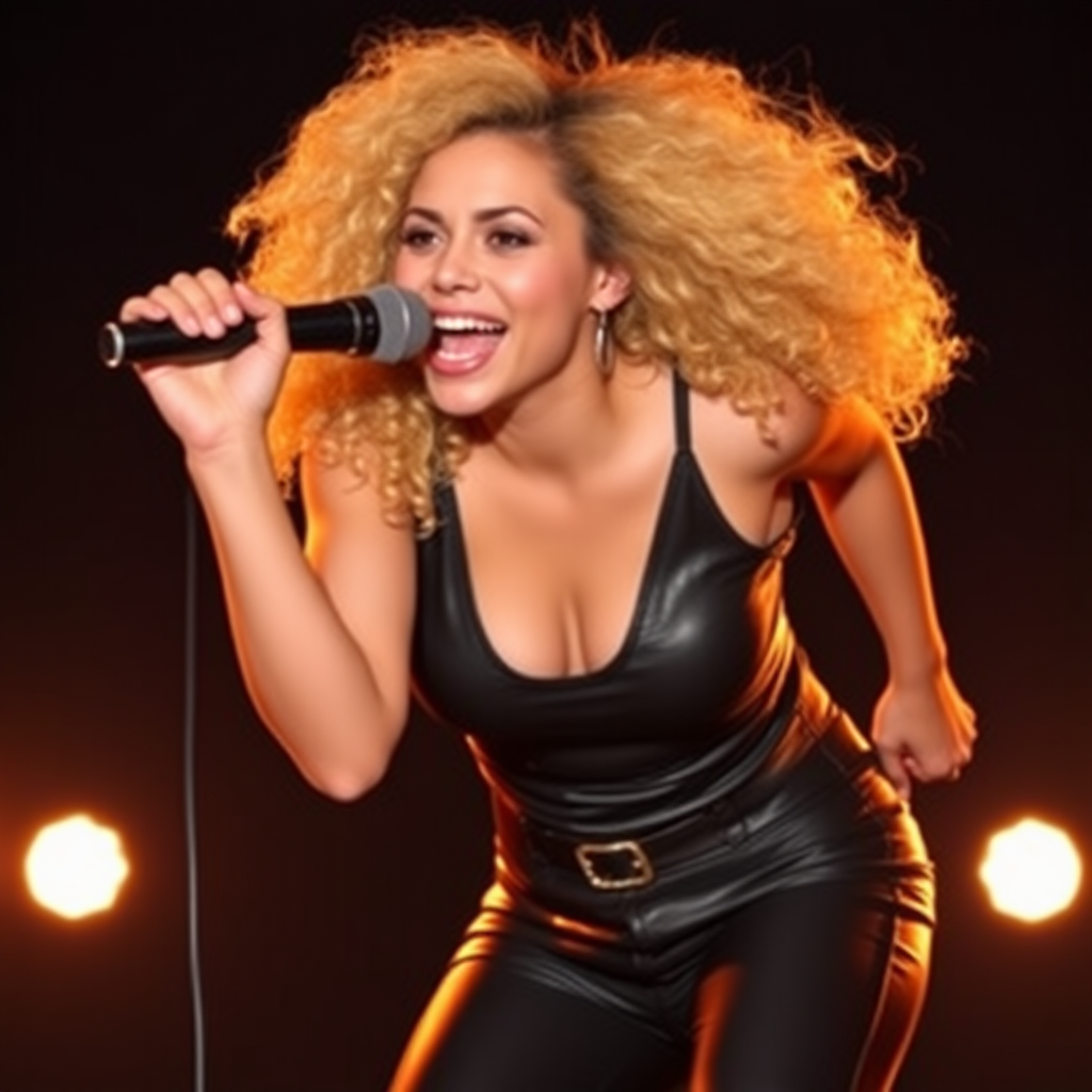 energetic young beautiful woman, leaning forward, very very large breasts, petite with big thighs, curly blonde, black leather top and pants, singing into a microphone with both hands grabbing the microphone, black background, warm lighting