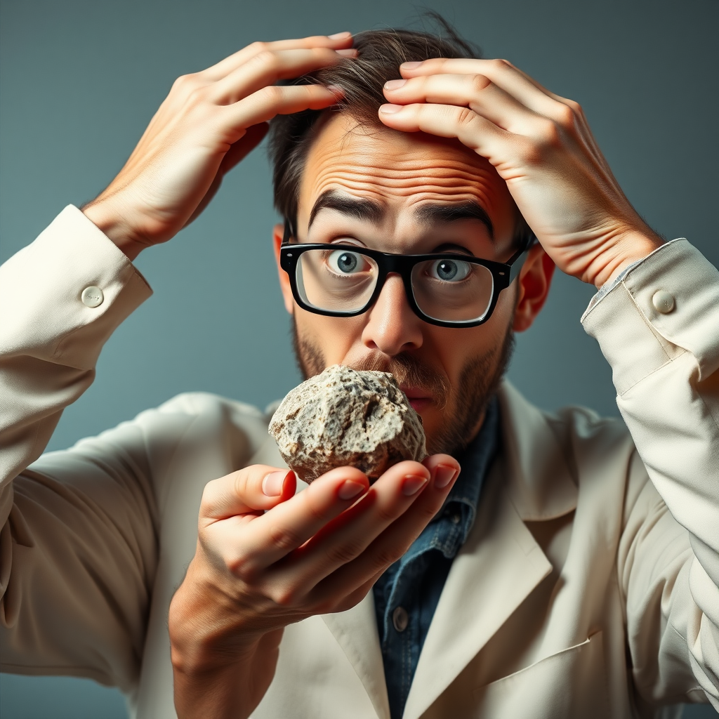 a very surprised scientist looking a normal rock in his hand very curiously and overreacting, showing utter astinishement, with the other hand on his head