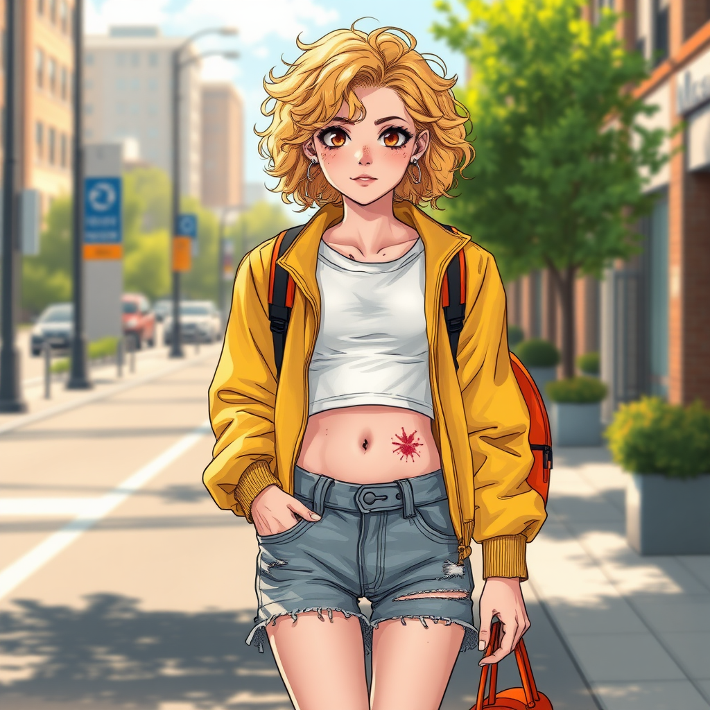 Realistic drawing style image, Extremely good quality 8k resolution drawn manga image of a 15 year old petite and short tomboy girl with golden blonde curly hair with mixed and different colored eyes for each eye and moles on her entire body and is a white American girl, Has on a Gold Jacket over a white extremely short crop top only covering her breasts and nothing more with a design on it, and has on ripped shorts and cool looking sneakers and a deep and big knife cut wound on her stomach from a huge injury she had, with a bright color backpack, ear piercings on, walking on the street to school in the morning with the beautiful sunlight lighting up her body beautifully with no tattoos.