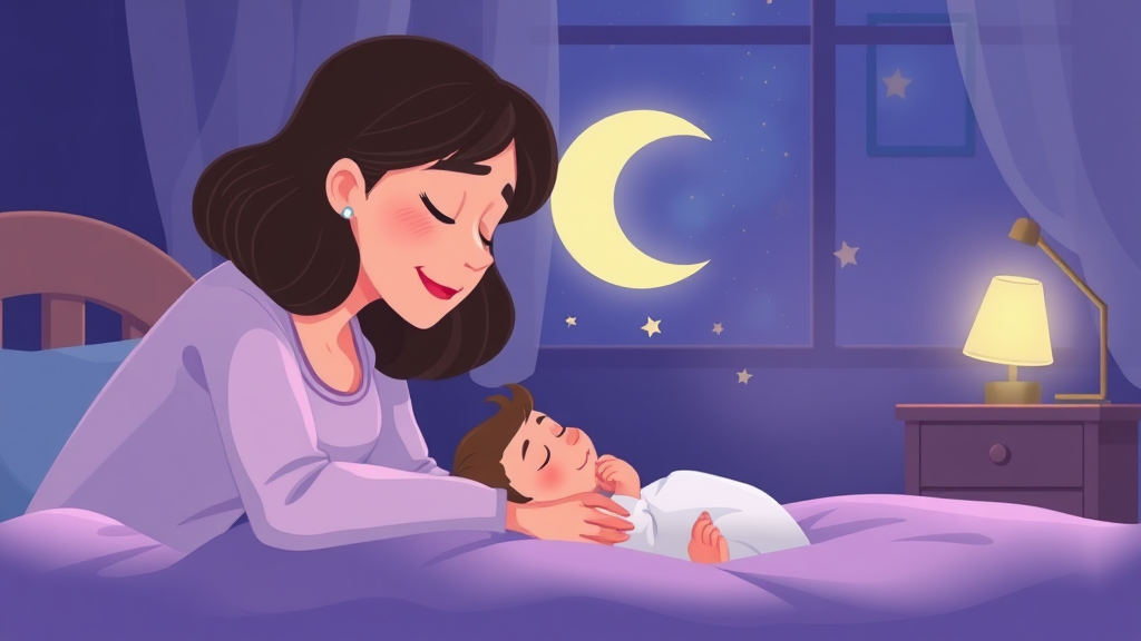 A mother trying to put a little baby to sleep during the night animation.